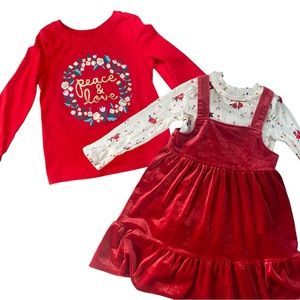 Cat & Jack holiday - Christmas bundle- red velvety jumper, peace tshirt - 2T